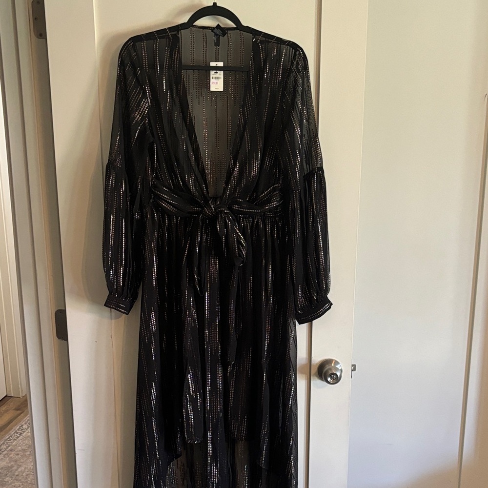 Sheer Black Metallic Stripe Tie-Waist Cover Up